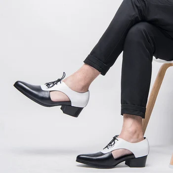  Черно-белые Смешанные цвета, деловые Туфли для зрелых, Дышащие Кожаные сандалии с острым носком длиной 5 см, мужская летняя обувь