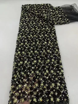  Черный Роскошный Африканский Жених Кружевная Ткань с Пайетками, Высококачественная Тяжелая вышивка Бисером, Французский Тюль, Кружевное Нигерийское Свадебное платье