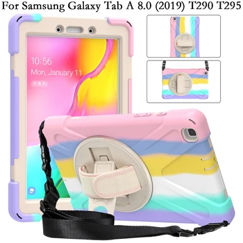  Чехол для Samsung Galaxy TabA Tab A 8,0 2019 T295 T290 Плечевой Ремень Красочный Противоударный Силиконовый ПК Вращающийся Чехол-Подставка Fundas